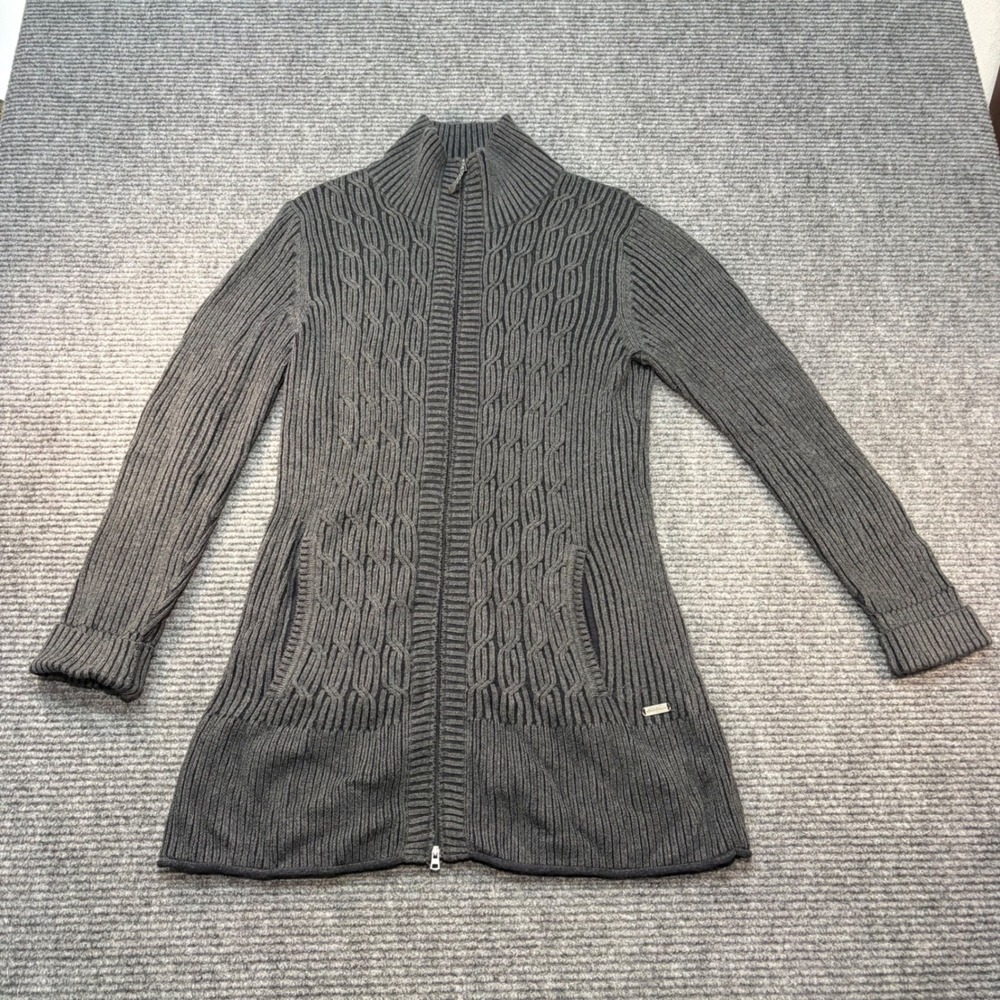 Eddie Bauer Womens Gray Cable Knit Full Zip Cardigan Sweater Mock Neck Large